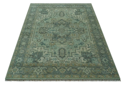 Custom Made Hand Knotted Green and Taupe Traditional wool rug.