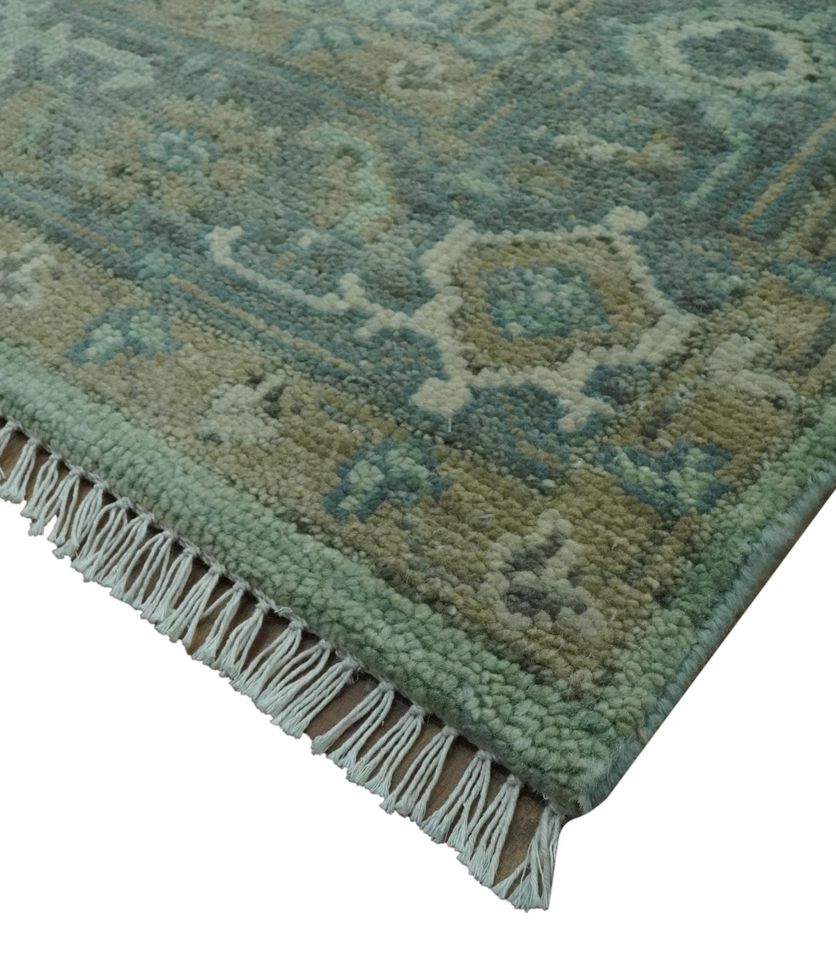 Custom Made Hand Knotted Green and Taupe Traditional wool rug.