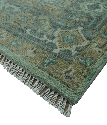 Custom Made Hand Knotted Green and Taupe Traditional wool rug.