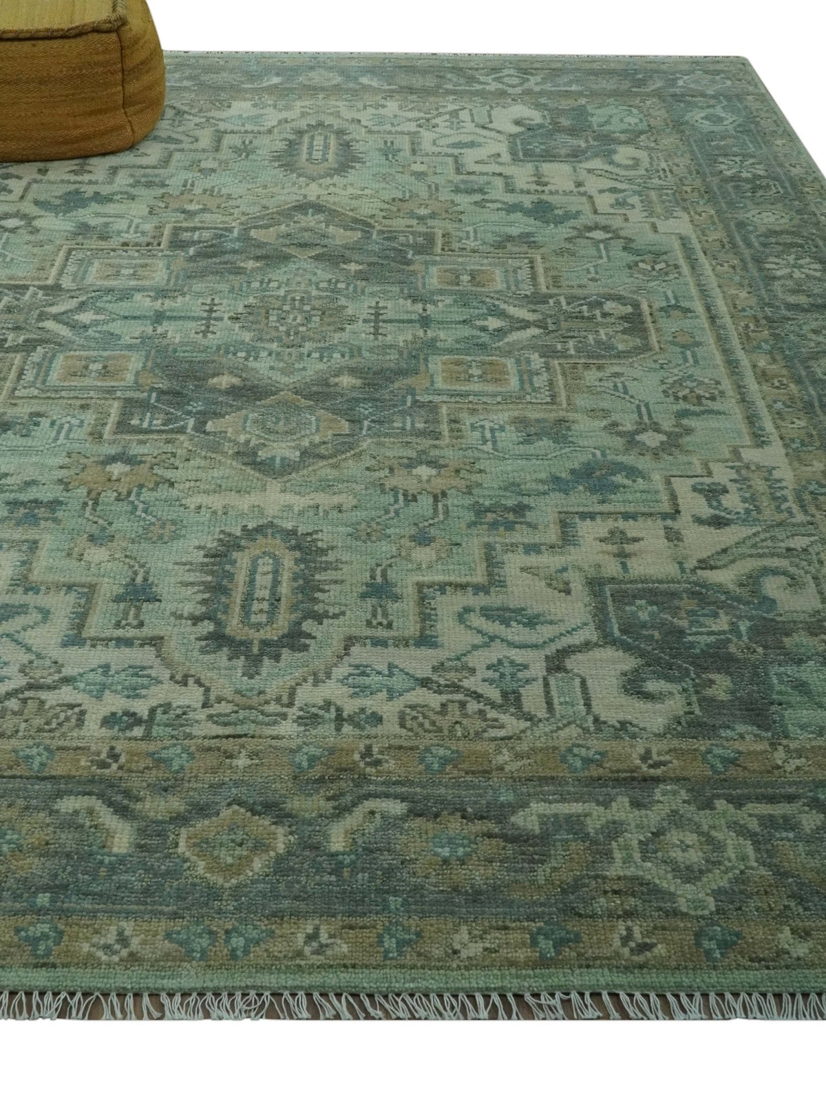 Custom Made Hand Knotted Green and Taupe Traditional wool rug.