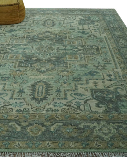 Custom Made Hand Knotted Green and Taupe Traditional wool rug.