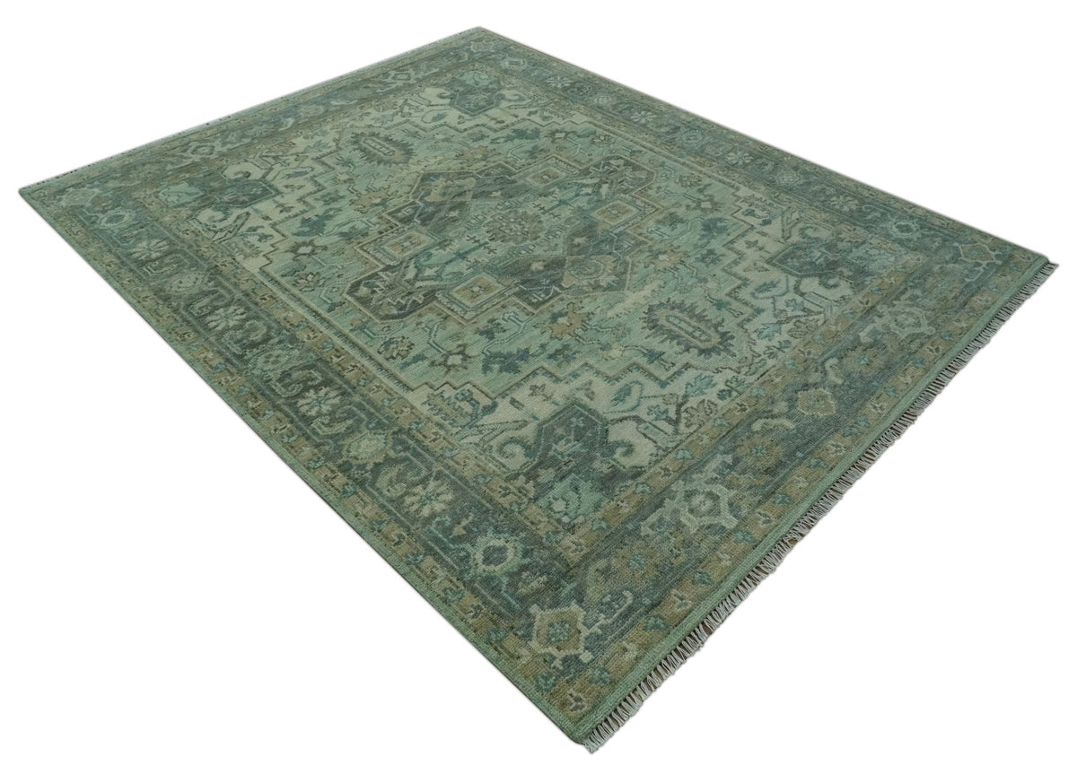 Custom Made Hand Knotted Green and Taupe Traditional wool rug.
