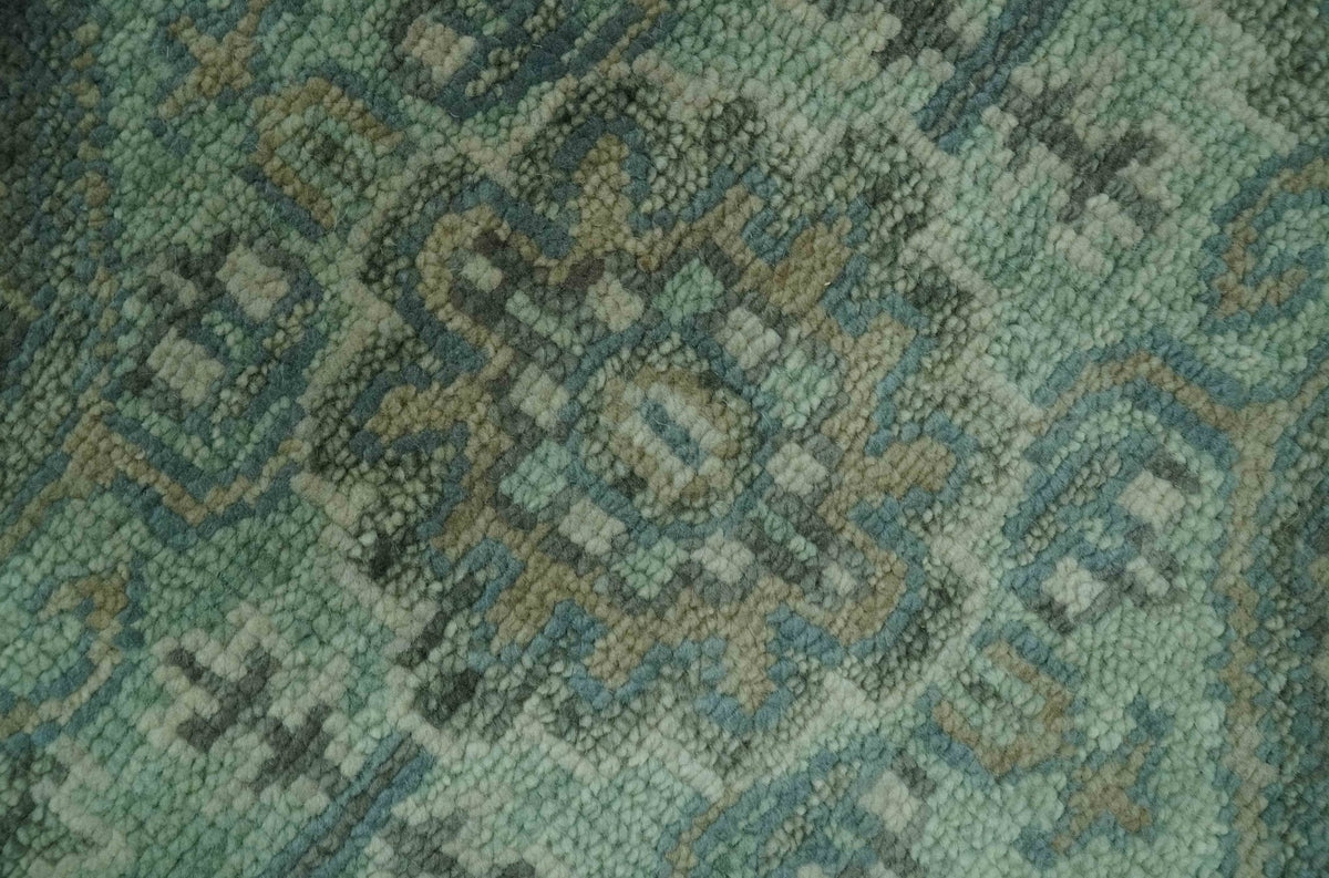 Custom Made Hand Knotted Green and Taupe Traditional wool rug.