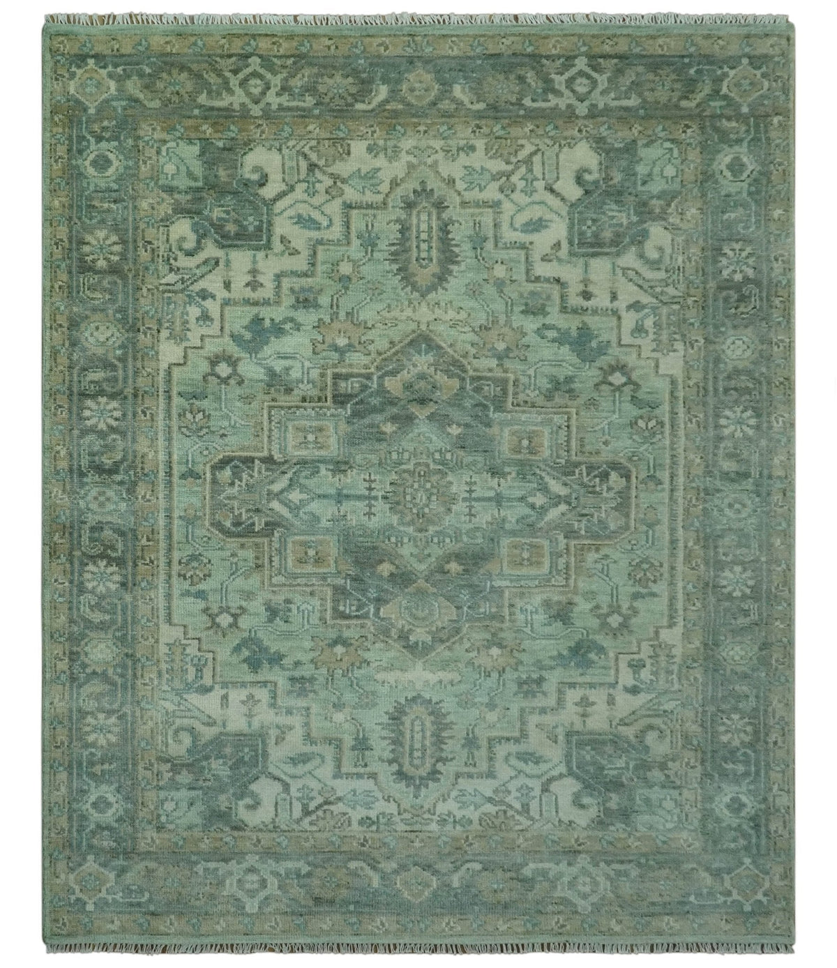 Custom Made Hand Knotted Green and Taupe Traditional wool rug.