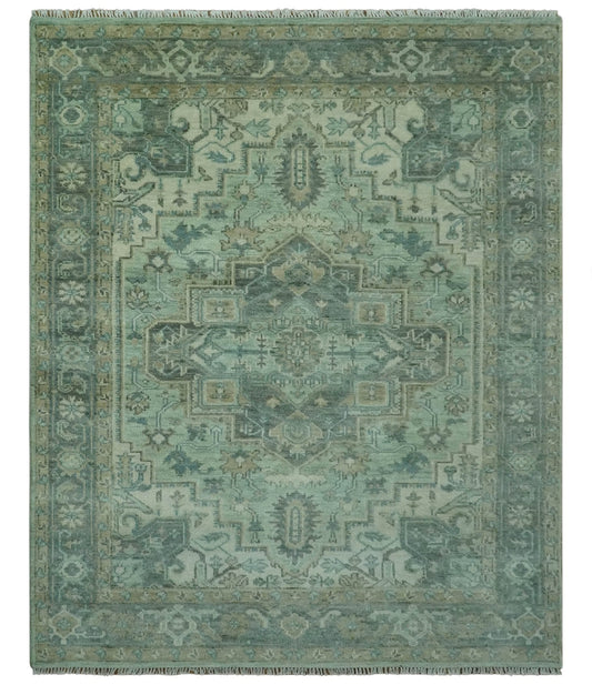 Custom Made Hand Knotted Green and Taupe Traditional wool rug.
