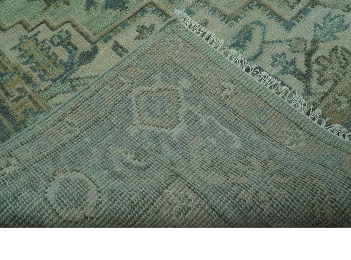 Custom Made Hand Knotted Green and Taupe Traditional wool rug.