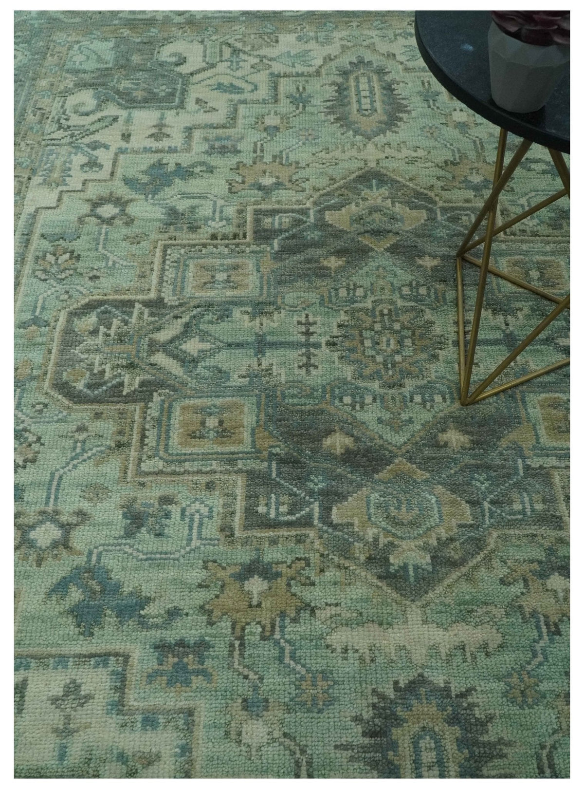 Custom Made Hand Knotted Green and Taupe Traditional wool rug.