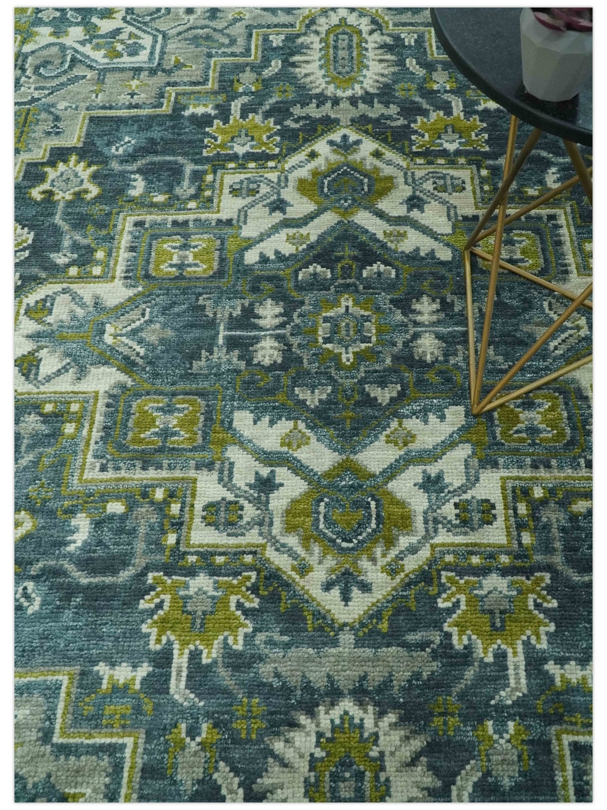 Antique Style Hand Knotted Teal, Gray and Green Traditional multi Size wool rug.