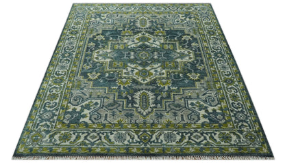 Antique Style Hand Knotted Teal, Gray and Green Traditional multi Size wool rug.