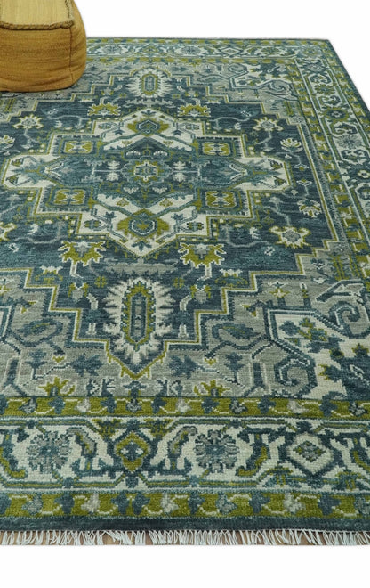 Antique Style Hand Knotted Teal, Gray and Green Traditional multi Size wool rug.