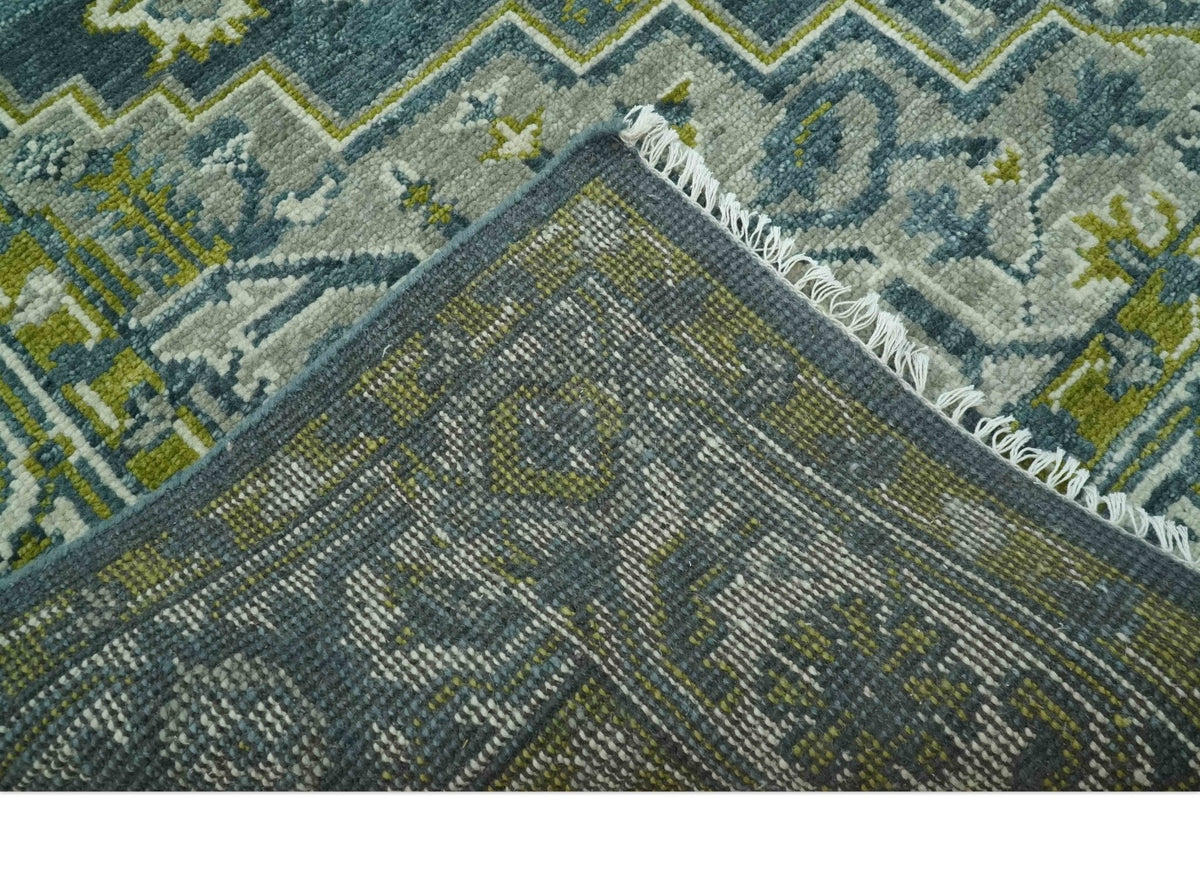 Antique Style Hand Knotted Teal, Gray and Green Traditional multi Size wool rug.