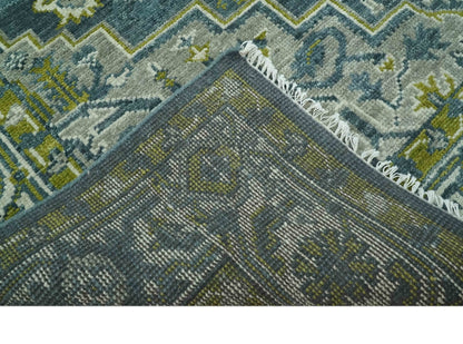 Antique Style Hand Knotted Teal, Gray and Green Traditional multi Size wool rug.