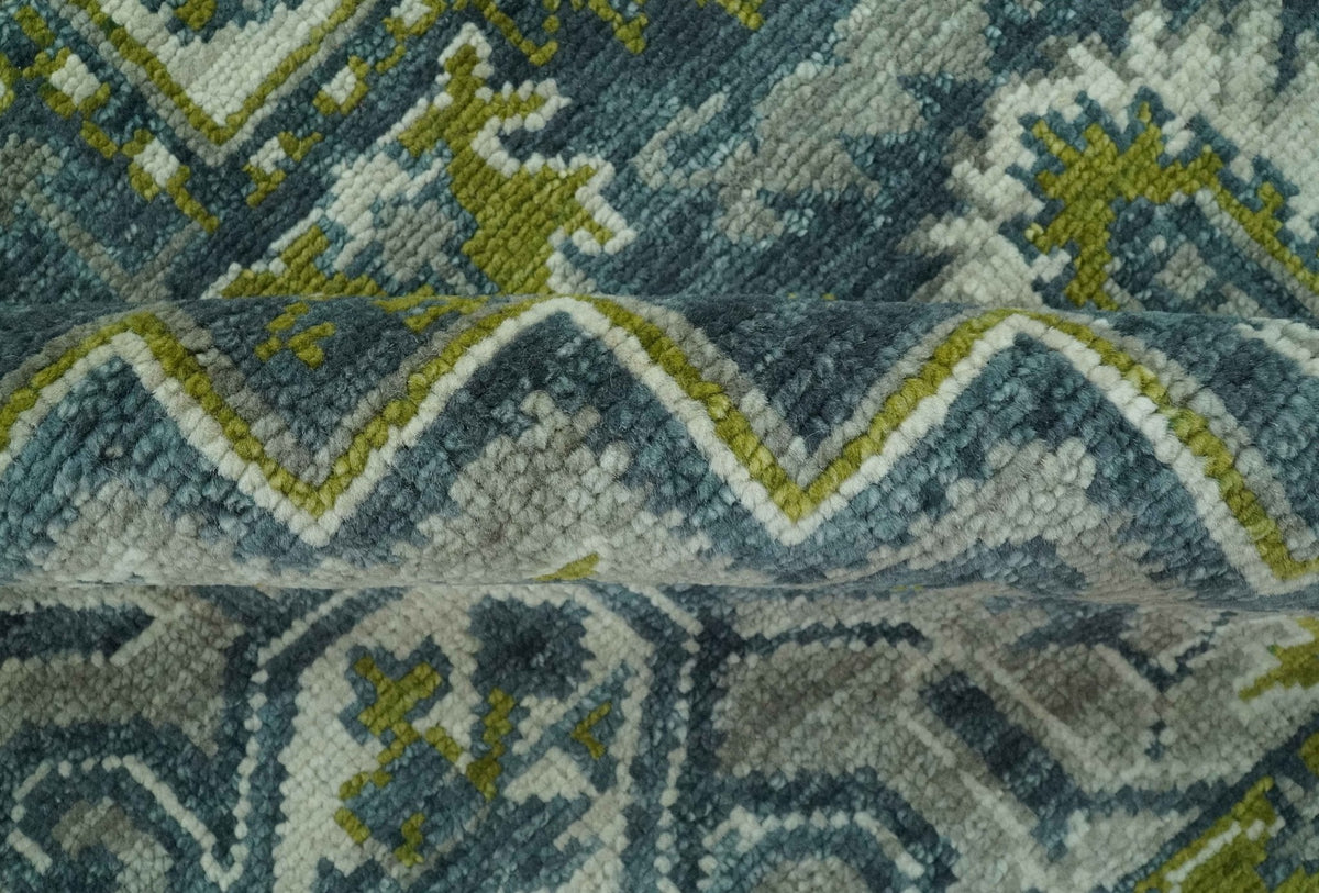 Antique Style Hand Knotted Teal, Gray and Green Traditional multi Size wool rug.