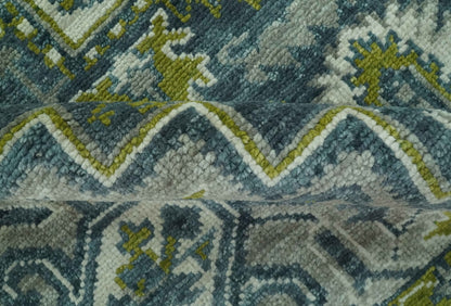 Antique Style Hand Knotted Teal, Gray and Green Traditional multi Size wool rug.