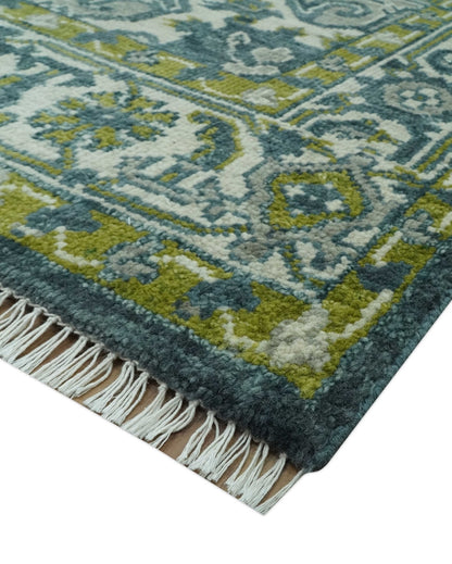 Antique Style Hand Knotted Teal, Gray and Green Traditional multi Size wool rug.