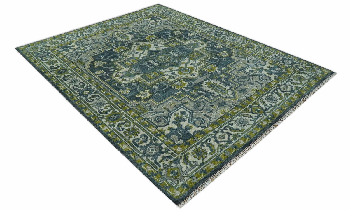Antique Style Hand Knotted Teal, Gray and Green Traditional multi Size wool rug.