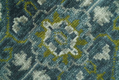 Antique Style Hand Knotted Teal, Gray and Green Traditional multi Size wool rug.
