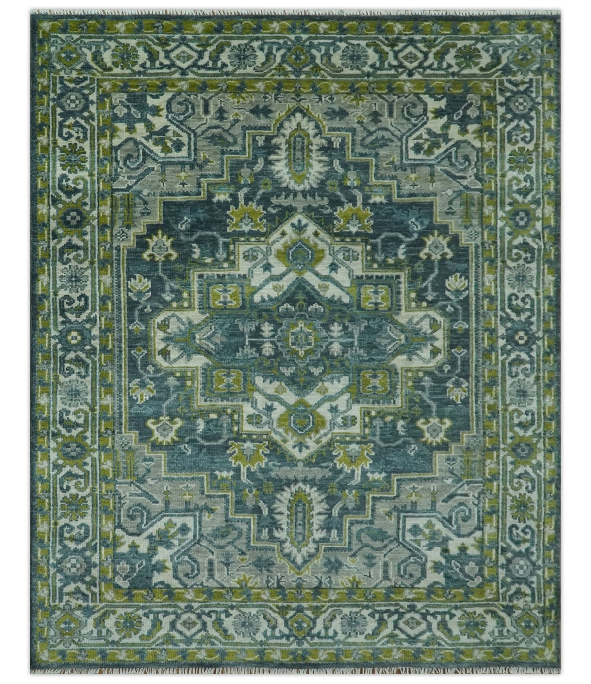 Antique Style Hand Knotted Teal, Gray and Green Traditional multi Size wool rug.