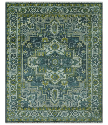 Antique Style Hand Knotted Teal, Gray and Green Traditional multi Size wool rug.