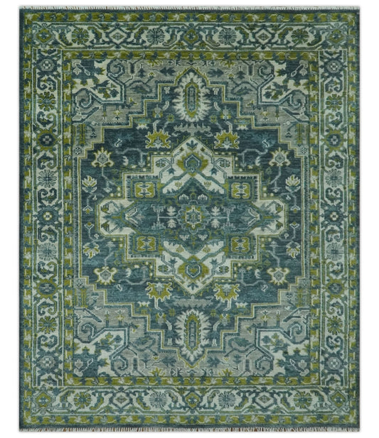 Antique Style Hand Knotted Teal, Gray and Green Traditional multi Size wool rug.