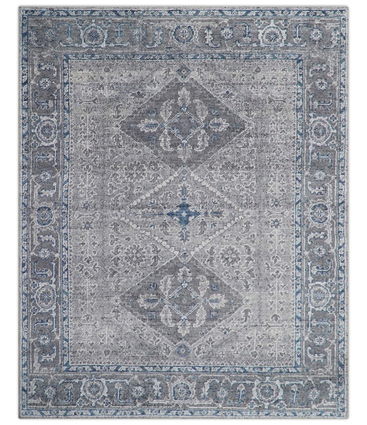 Antique Style Hand Knotted Traditional Blue and Gray Wool Area Rug.