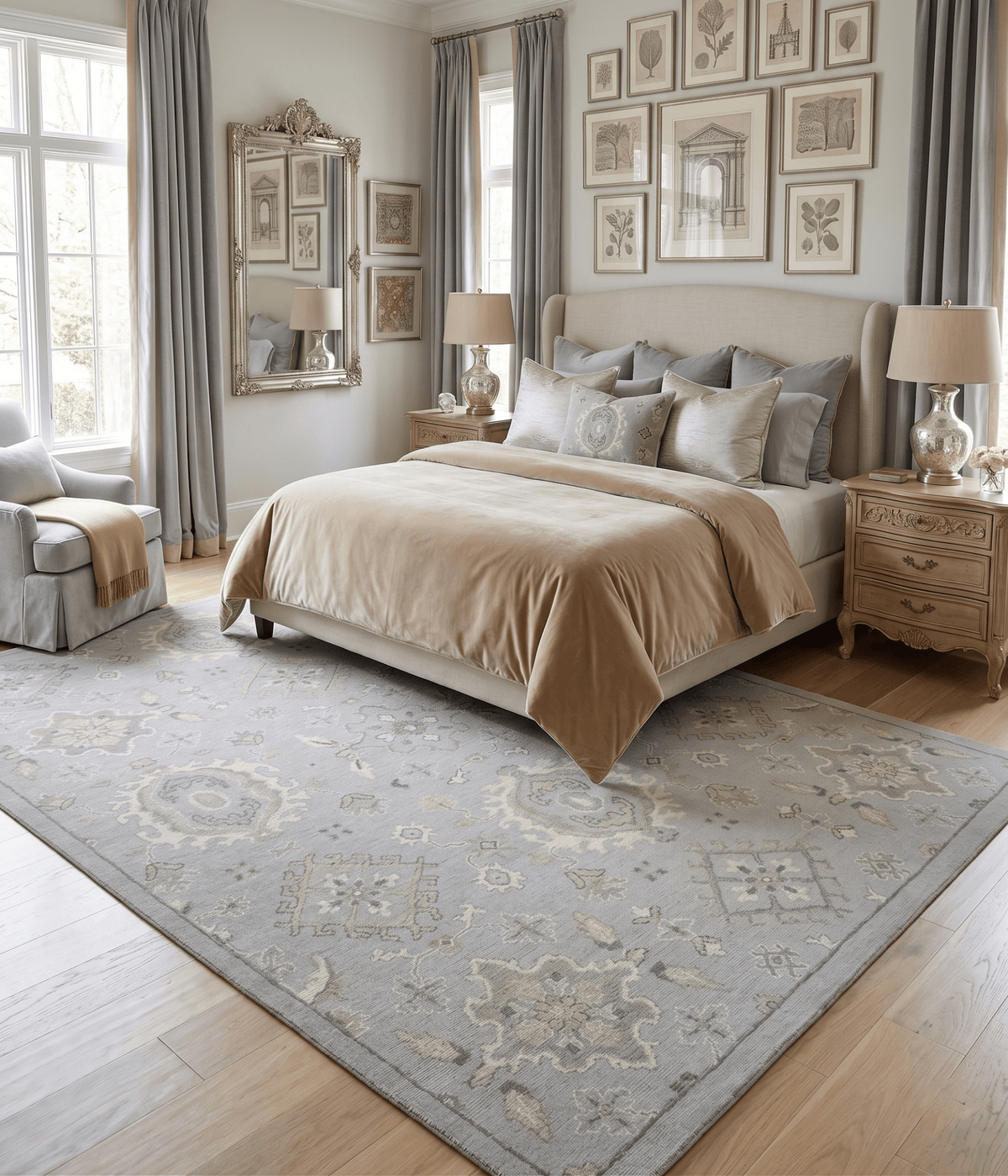 Antique Style Silver And Beige Modern Oushak wool Area Rug.