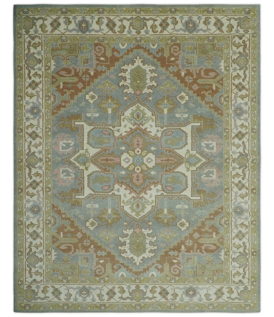 Antique Style Traditional Heriz Gray, Ivory, Peach and Olive Hand Knotted Multi Size wool Area Rug.
