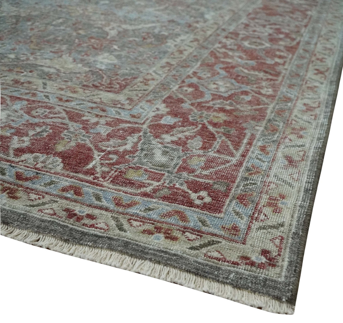 Antique Style Vintage Finish Low Pile Hand Knotted Gray, Silver and Rust Traditional Oushak Wool Rug | TRD2779.