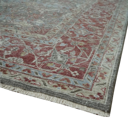 Antique Style Vintage Finish Low Pile Hand Knotted Gray, Silver and Rust Traditional Oushak Wool Rug | TRD2779.
