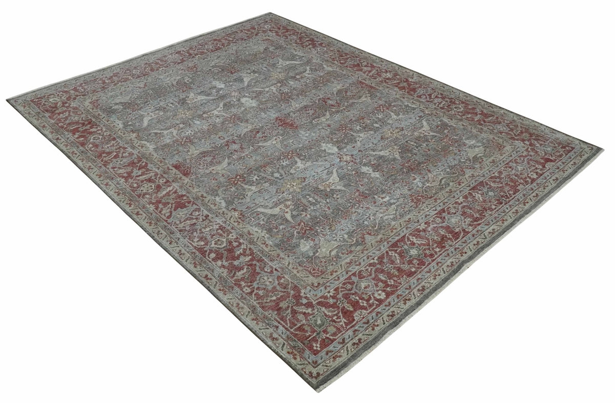 Antique Style Vintage Finish Low Pile Hand Knotted Gray, Silver and Rust Traditional Oushak Wool Rug | TRD2779.