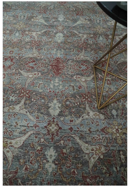 Antique Style Vintage Finish Low Pile Hand Knotted Gray, Silver and Rust Traditional Oushak Wool Rug | TRD2779.
