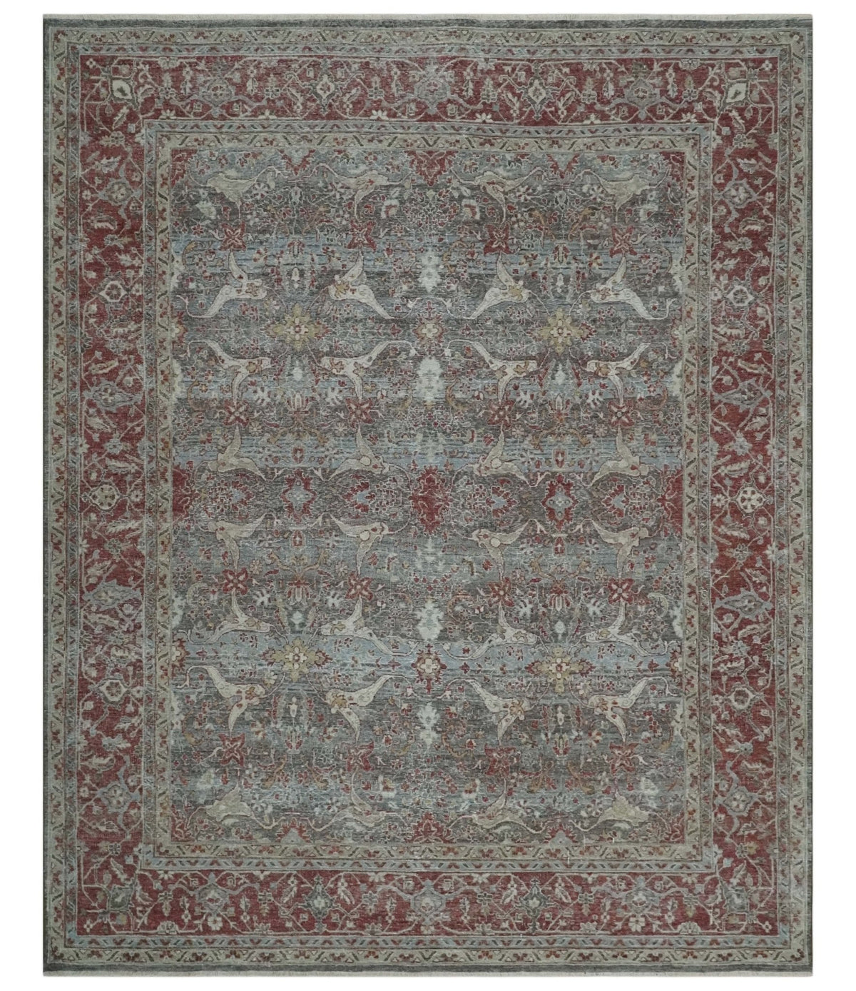 Antique Style Vintage Finish Low Pile Hand Knotted Gray, Silver and Rust Traditional Oushak Wool Rug | TRD2779.