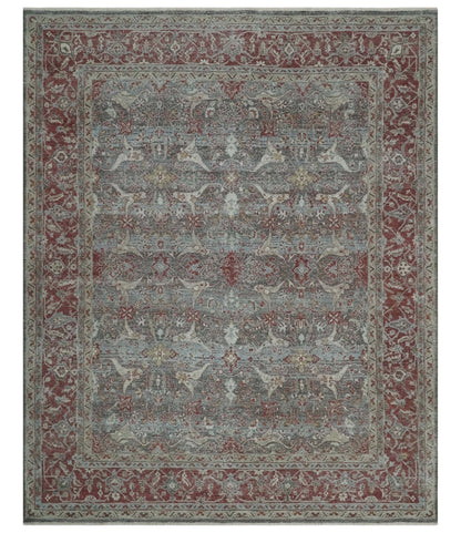 Antique Style Vintage Finish Low Pile Hand Knotted Gray, Silver and Rust Traditional Oushak Wool Rug | TRD2779.