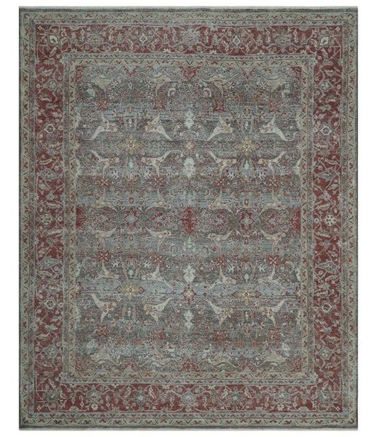 Antique Style Vintage Finish Low Pile Hand Knotted Gray, Silver and Rust Traditional Oushak Wool Rug | TRD2779.