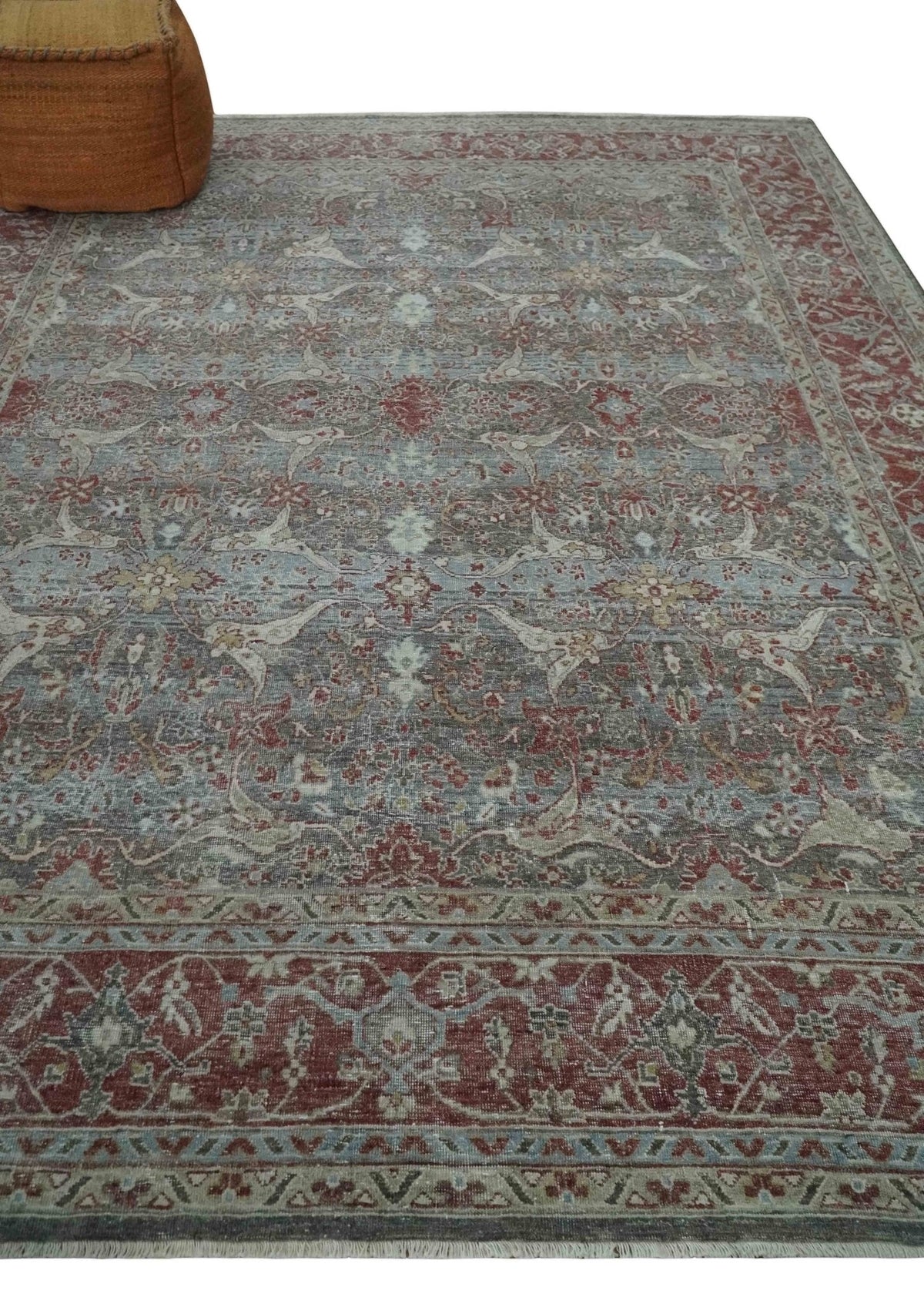 Antique Style Vintage Finish Low Pile Hand Knotted Gray, Silver and Rust Traditional Oushak Wool Rug | TRD2779.