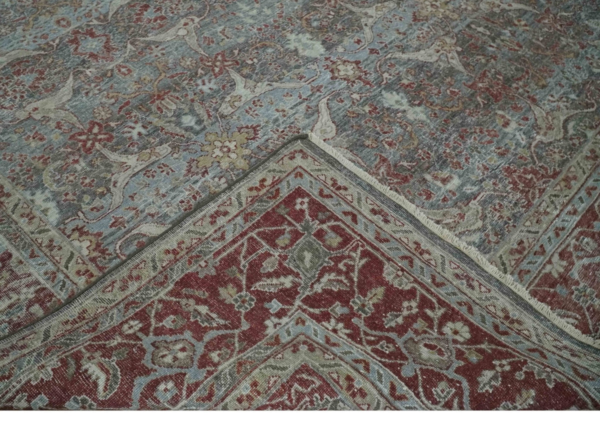 Antique Style Vintage Finish Low Pile Hand Knotted Gray, Silver and Rust Traditional Oushak Wool Rug | TRD2779.