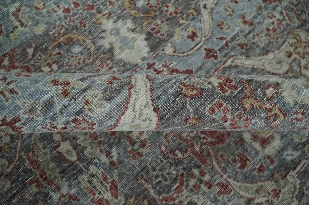 Antique Style Vintage Finish Low Pile Hand Knotted Gray, Silver and Rust Traditional Oushak Wool Rug | TRD2779.
