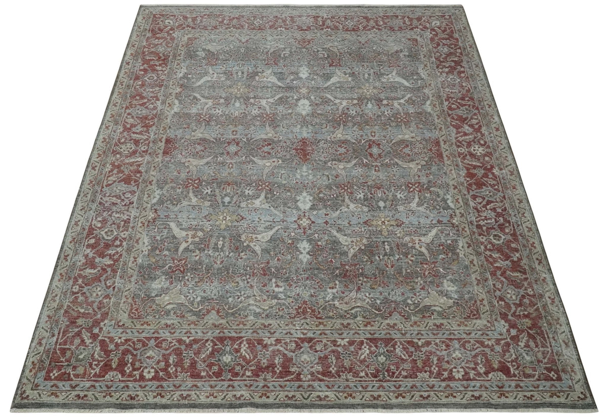 Antique Style Vintage Finish Low Pile Hand Knotted Gray, Silver and Rust Traditional Oushak Wool Rug | TRD2779.