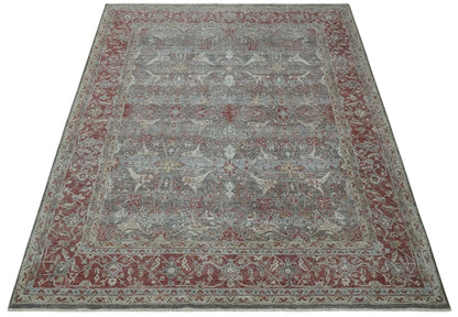Antique Style Vintage Finish Low Pile Hand Knotted Gray, Silver and Rust Traditional Oushak Wool Rug | TRD2779.