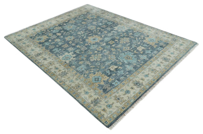 Custom Made Teal and Beige Hand Knotted Oriental Oushak Wool Area Rug.