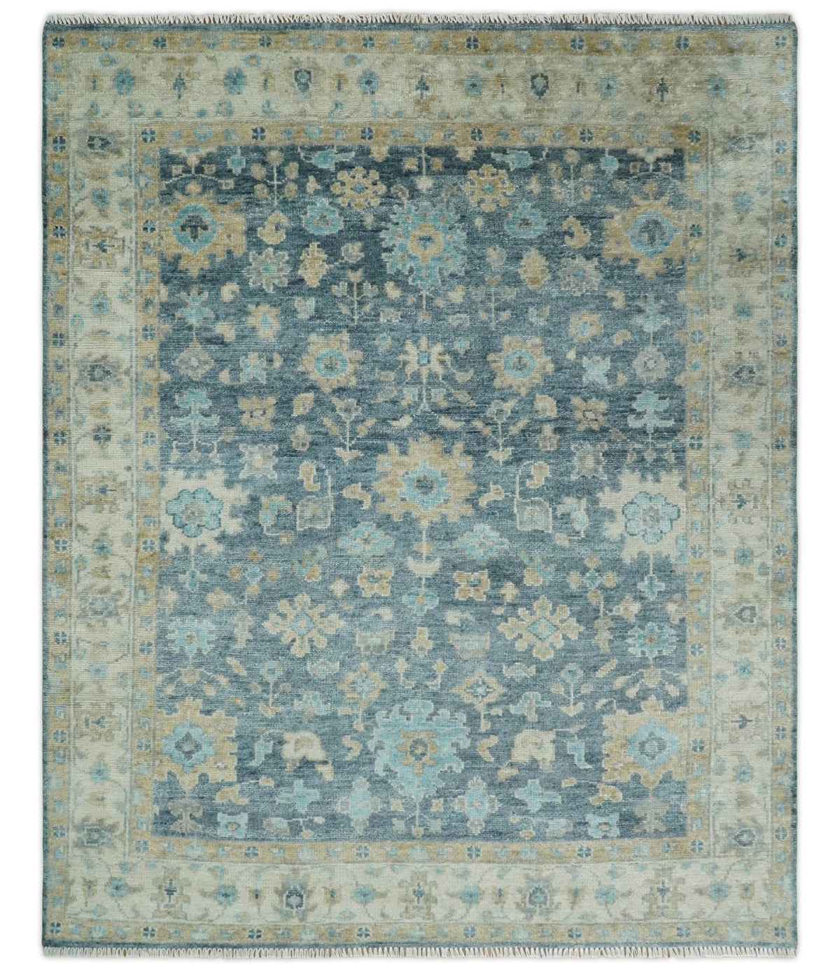 Custom Made Teal and Beige Hand Knotted Oriental Oushak Wool Area Rug.