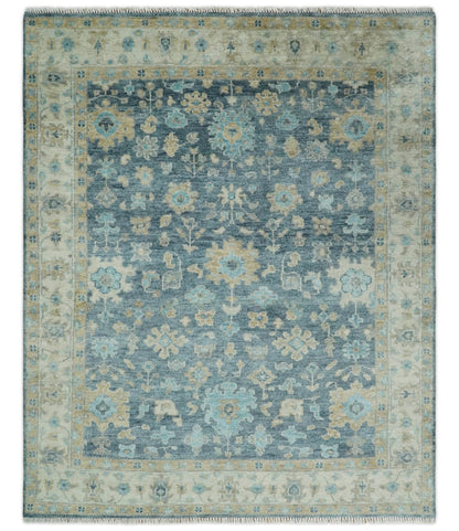 Custom Made Teal and Beige Hand Knotted Oriental Oushak Wool Area Rug.