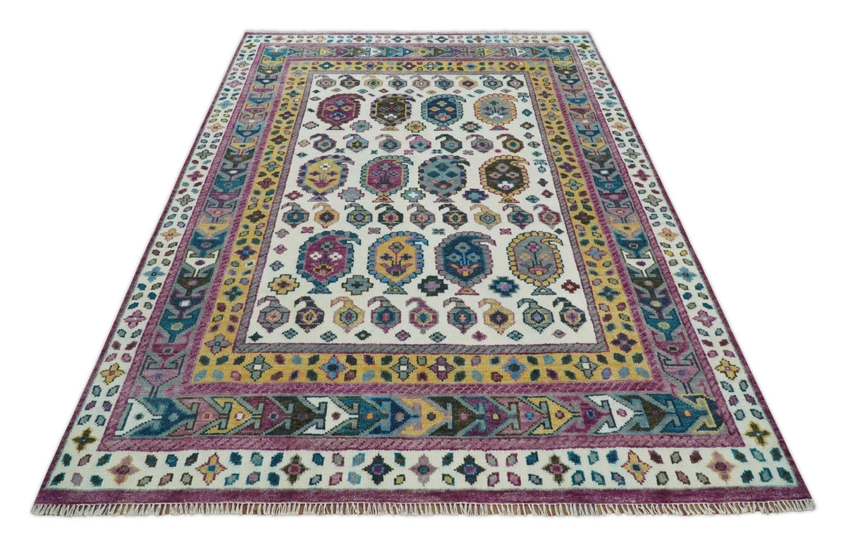 Ivory, Gold and Pink Hand knotted Traditional Design Wool Area Rug.