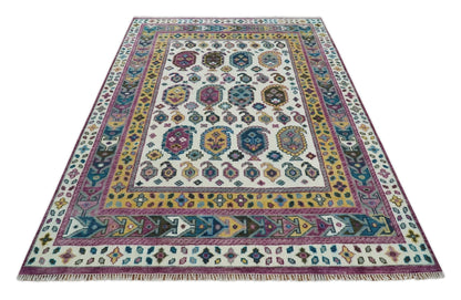 Ivory, Gold and Pink Hand knotted Traditional Design Wool Area Rug.