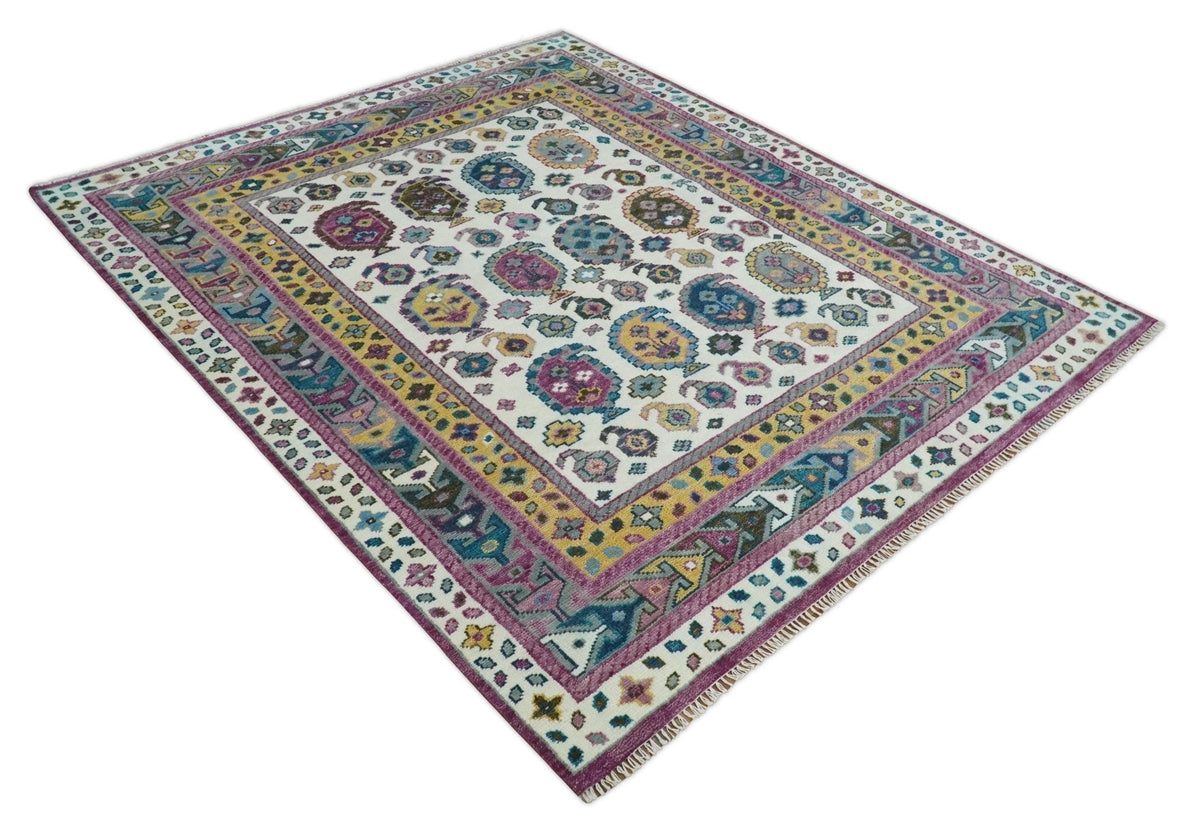 Ivory, Gold and Pink Hand knotted Traditional Design Wool Area Rug.