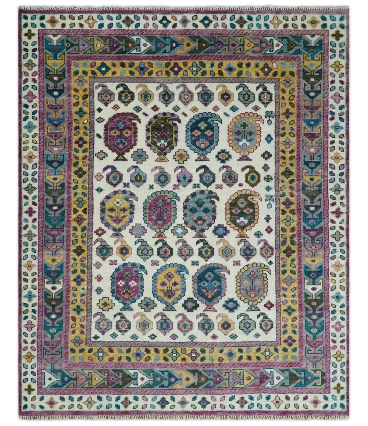 Ivory, Gold and Pink Hand knotted Traditional Design Wool Area Rug.