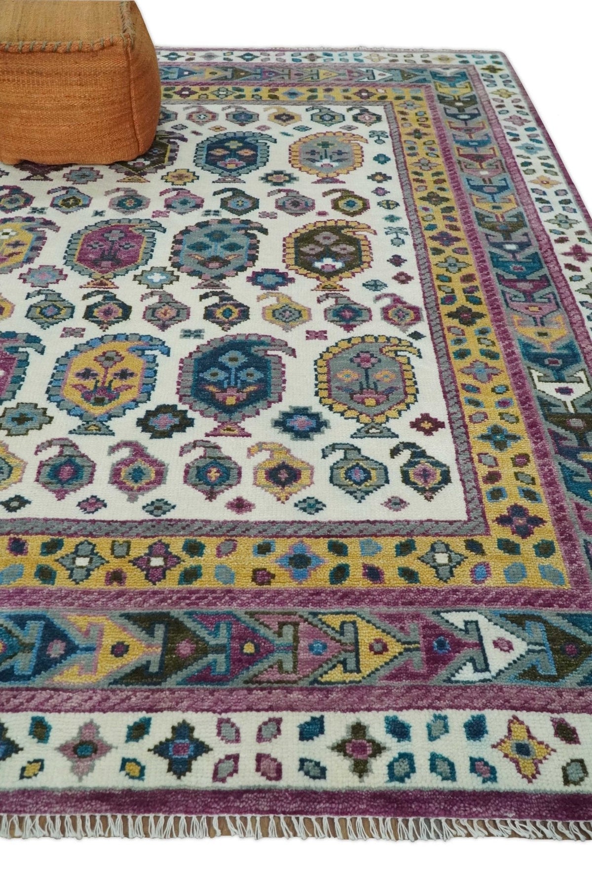 Ivory, Gold and Pink Hand knotted Traditional Design Wool Area Rug.