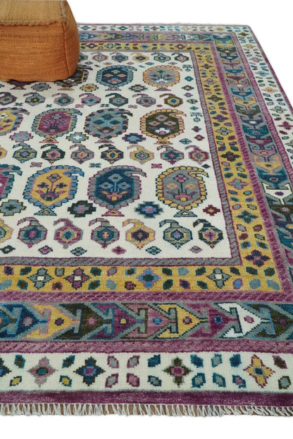 Ivory, Gold and Pink Hand knotted Traditional Design Wool Area Rug.