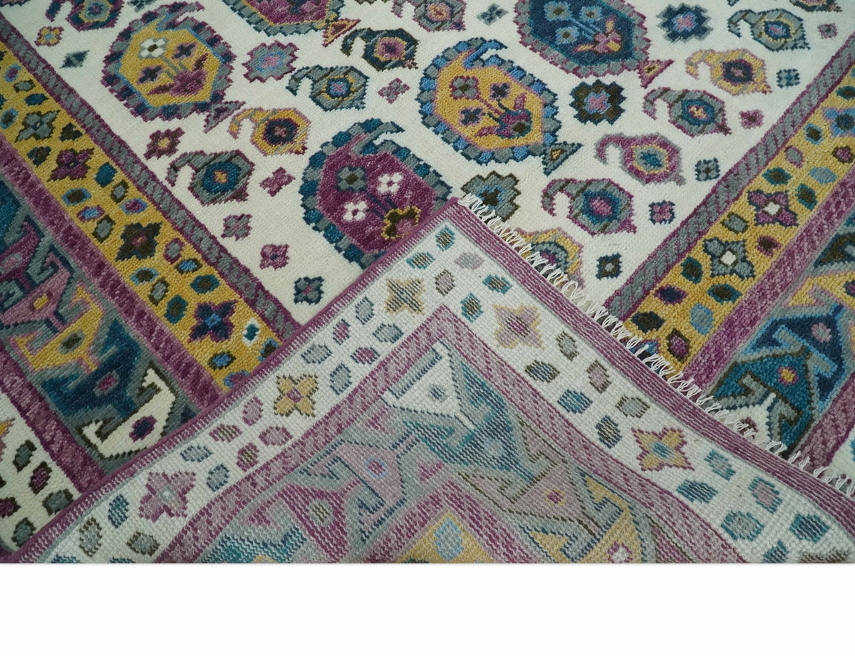 Ivory, Gold and Pink Hand knotted Traditional Design Wool Area Rug.