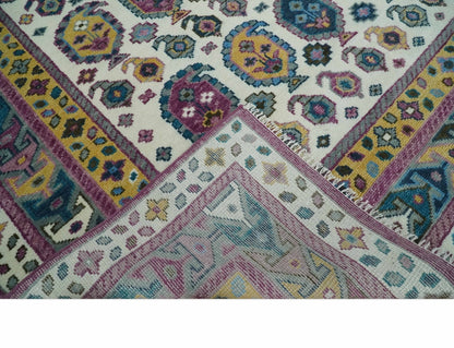 Ivory, Gold and Pink Hand knotted Traditional Design Wool Area Rug.